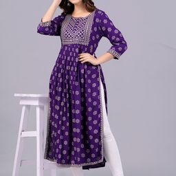 NEW4U Floral Printed Round Neck Sequinned Aliya Cut Kurta-image-26