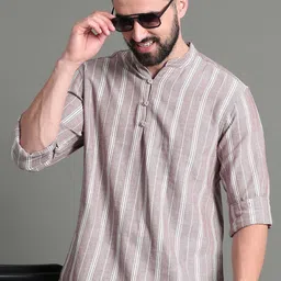 HERE&NOW Striped Mandarin Collar Long Sleeves Cotton A-Line Kurta-40