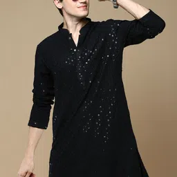 Anouk Black Ethnic Motifs Woven Design Mirror Work Mandarin Collar Chikankari Kurta-picture-54