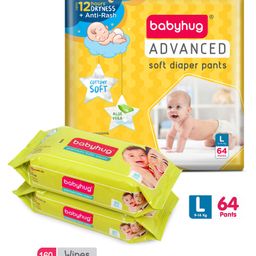 Babyhug Advanced Pant Style Diapers Large - 64 Pieces & 2 Packs of Babyhug Premium 98% Water Baby Wet Wipes - 80 Pieces-2