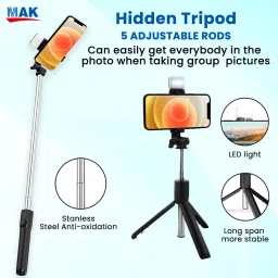 MAK 360° Rotatable Head, Rechargeable LED Light, Vlogging/Photography Bluetooth Selfie Stick image 2