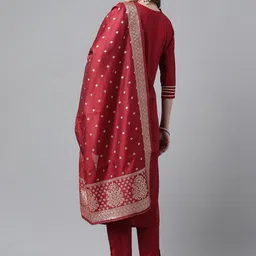 RAJGRANTH Red & Gold Ethnic Motifs Yoke Design Sequinned Kurta With Trousers & Dupatta image 5