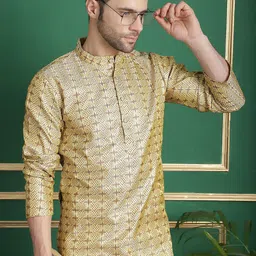 Anouk Yellow Ethnic Motifs Woven Design Jacquard Band Collar Straight Kurta-image-22