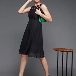 Miss Chase Black Lace Inserts Georgette Fit & Flare Dress-image-22