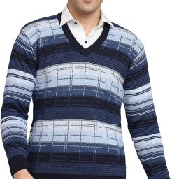Men Striped V Neck Blue Sweater-image-39