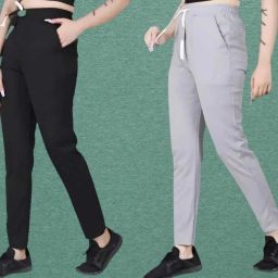 Pack of 2 Women Regular Fit Black, Grey Pure Cotton Trousers-image-4