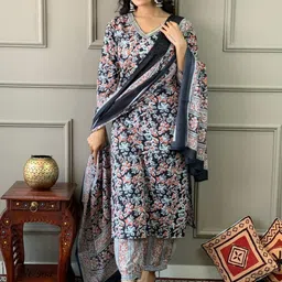 KALINI Floral Printed Regular Kurta with Palazzos & With Dupatta image 5