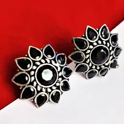 Yash Jewels Emporiums Silver-Plated Artificial Stones Studded Oxidised Floral Studs-image-83