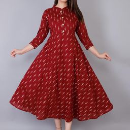 JC4U Geometric Self Design Mandarin Collar Cotton A-Line Ethnic Dress-image-43