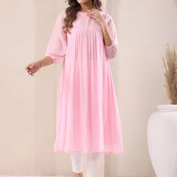 Janasya Women's Baby Pink Dobby Chiffon Self Design A-line Kurta-image-15