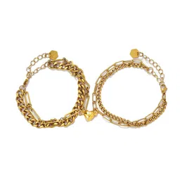 SALTY Women Set of 2 Stainless Steel Couple Love Lock Heart Link Bracelets-13