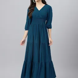 Femvy Women V Neck Puff Sleeves Tiered Wrap Maxi Dress-image-80