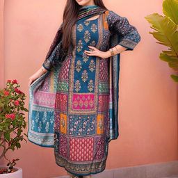 GoSriKi Ethnic Motifs Printed Round Neck Straight Kurta with Trousers & Dupatta-picture-8