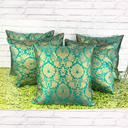 Pink Parrot Blue & Gold-Toned Set of 5 Ethnic Motifs Square Cushion Covers-32