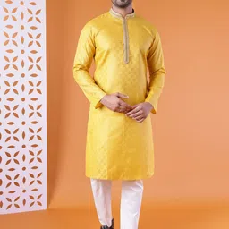 AURIK Checked Mandarin Collar Thread Work Cotton Silk Kurta With Pyjamas-picture-5