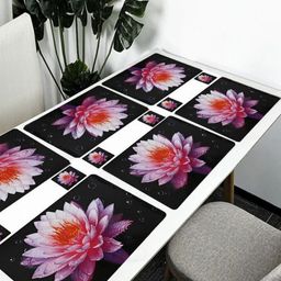 REVEXO 6Pc Black & Pink Printed Rectangle Costers & Table Placemats-13