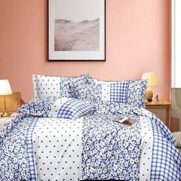 Eleganta White & Blue Floral 350 TC Fitted Queen Bedsheet Set 1.52 m x 1.98 m-picture-3