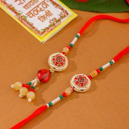 Sangria Set Of 2 Artificial Stones Studded & Beaded Bhaiya Bhabhi Rakhi-5