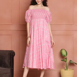 Aawari Women Floral Print Off-Shoulder Smocked Maxi Midi Dress-image-95