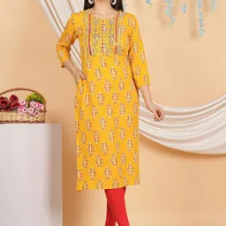 KALINI Floral Printed Round Neck Three-Quarter Sleeves Regular Mirror Work Straight Kurta-image-9