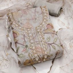 SAINOOR Sai Floral Printed Sequinned Organza Unstitched Dress Material-image-44