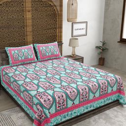 CLOTHOLOGY Blue & Pink Ethnic Motifs Printed Cotton 180 TC King Bedsheet Set 2.75m x 2.25m-image-60