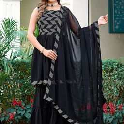 GRISHU COLLECTION Geometric Embroidered Georgette Anarkali Kurta With Sharara & Dupatta-17