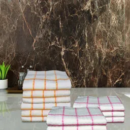 Aura White & Mustard 12 Pieces Cotton Checked Hand Towels-image-2