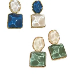 AKISON JEWELS Set of 2 Gold-Plated Green & Blue Square Alloy Earrings-3