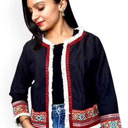 Prijam Women Collarless Self Design Ethnic Denim Jacket-image-15