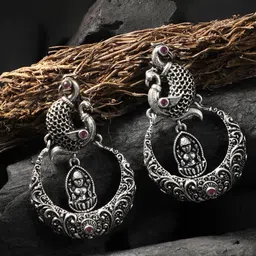 Sangria Pink Silver-Plated Artificial Stones Studded Peacock Shaped Oxidised Drop Earrings-57