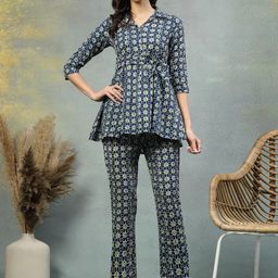 ETC Floral Printed Pure Cotton Shirt Collar Peplum Top With Trousers Co-Ords-picture-37