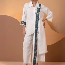 THE HOUSE OF HEMP Embroidered Linen Shirt Collar Neck Tunic With Trousers-image-19