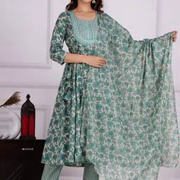 HERE&NOW Women Ethnic Motifs Printed Pure Cotton Kurta with Trousers & Dupatta-picture-31