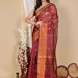PuJoy Floral Zari Taant Saree-image-60