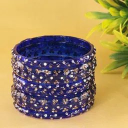 LAVAZZA Set Of 6 Zircon Diamond & Beads Work Glass Bangles-1