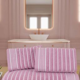 Myntra Elegant Homes Purple & White 3 Piece Striped Cotton Towel Set-image-32