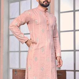 LADY BERRY Floral Embroidered Mandarin Collar Sequinned Cotton Straight Kurta-picture-45