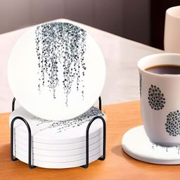 Ekhasa 6-Pcs White & Grey Printed Round Coasters With Stand-image-1