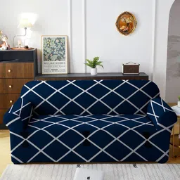 HOSTA HOMES Blue & White Checked Polyester 1 Piece Sofa Cover With Arms-image-27