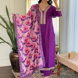 KALINI Yoke Design V-Neck Straight Kurta with Trousers And Dupatta-image-58