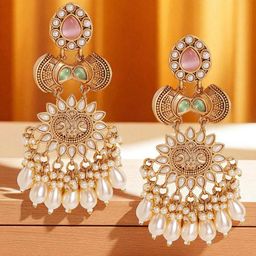 OOMPH Kundan Studded Contemporary Drop Earrings-image-26