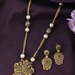 Silvermerc Designs Gold-Plated Stone-Studded Long Pearl Jewellery set-image-92