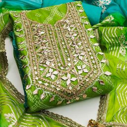 SAINOOR Bandhani Printed Gotta Patti Organza Semi-Stitched Dress Material-image-99