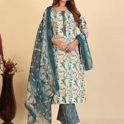Larqi Floral Printed Round Neck Pure Cotton Straight Kurta & Trousers With Dupatta-image-93