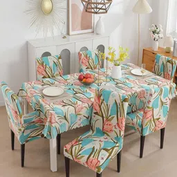 FAVRIA Set Of 4 Beige & Blue Printed Waterproof Chair Covers-18