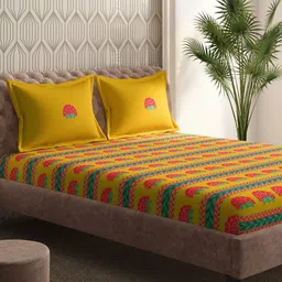 Portico Gulmarg Mustard & Pink Printed Cotton 210 TC Super King Bedsheet Set 2.74 x 2.74m-image-18