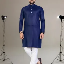 PoshSide Men Solid Straight Kurta (Blue)-image-52