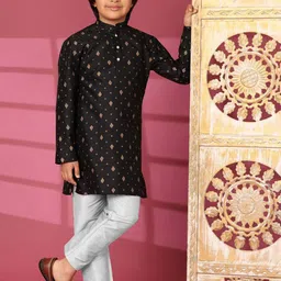 SKAVIJ Boys Geometric Printed Mandarin Collar Jacquard Straight Kurta-image-69