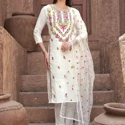 Tikhi Imli Women Embroidered Regular Thread Work Pure Cotton Kurta with Trousers & With Dupatta-image-41